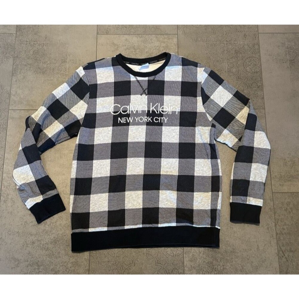 Calvin Klein Black Gray Flannel Sweatshirt New York City Pullover L Cabincore